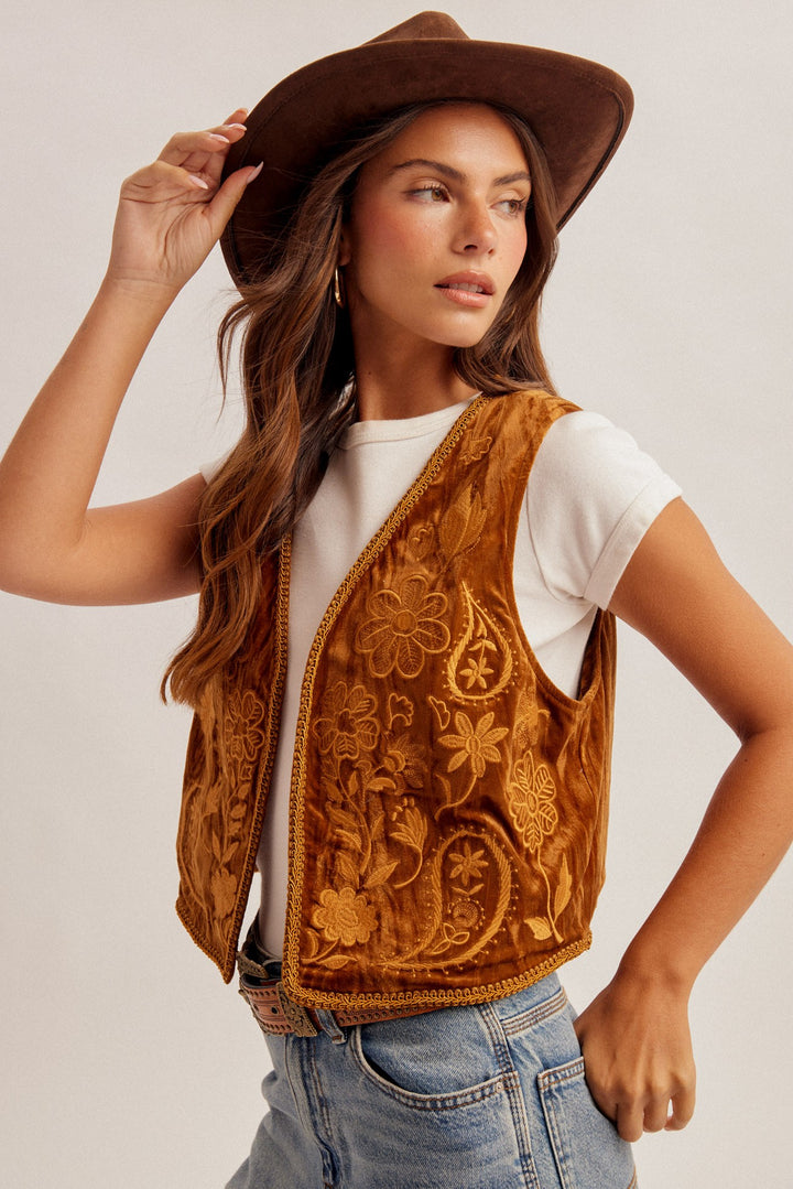 Fall Floral Embroidered Velvet Vest
