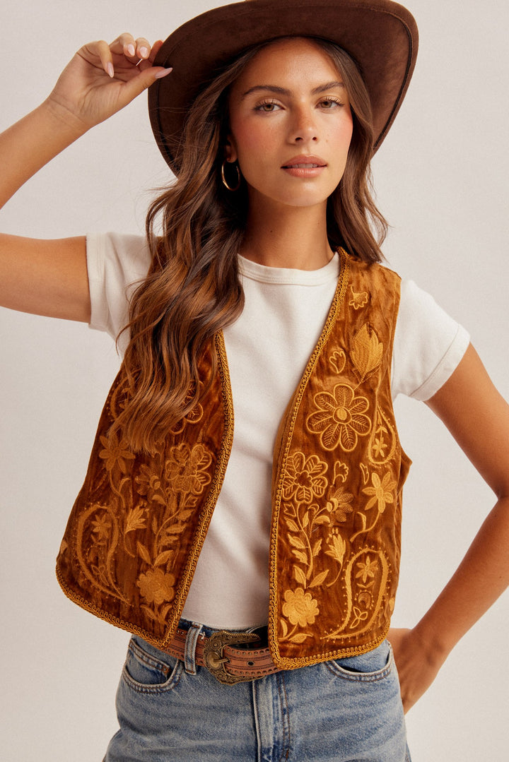 Fall Floral Embroidered Velvet Vest