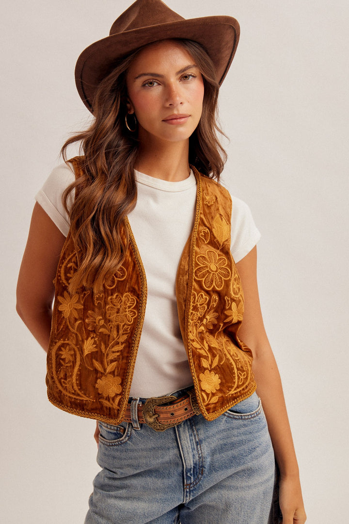 Fall Floral Embroidered Velvet Vest