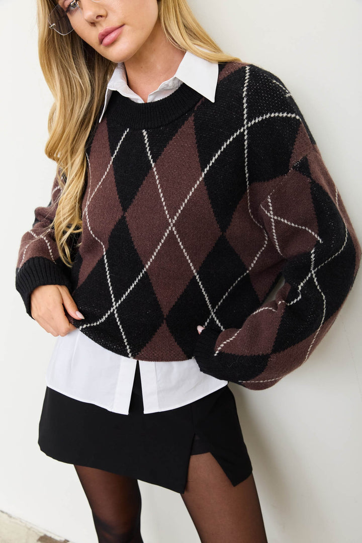 Argyle Boyfriend Sweater- Brown/Black