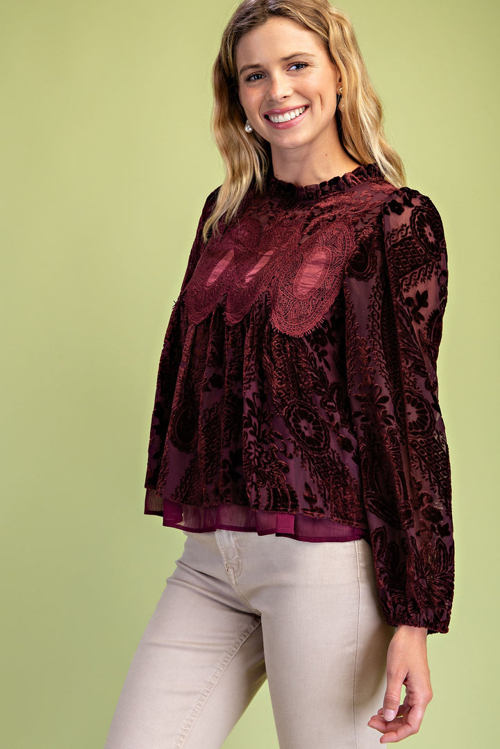 Charlene Lace Burnout Blouse - Wine