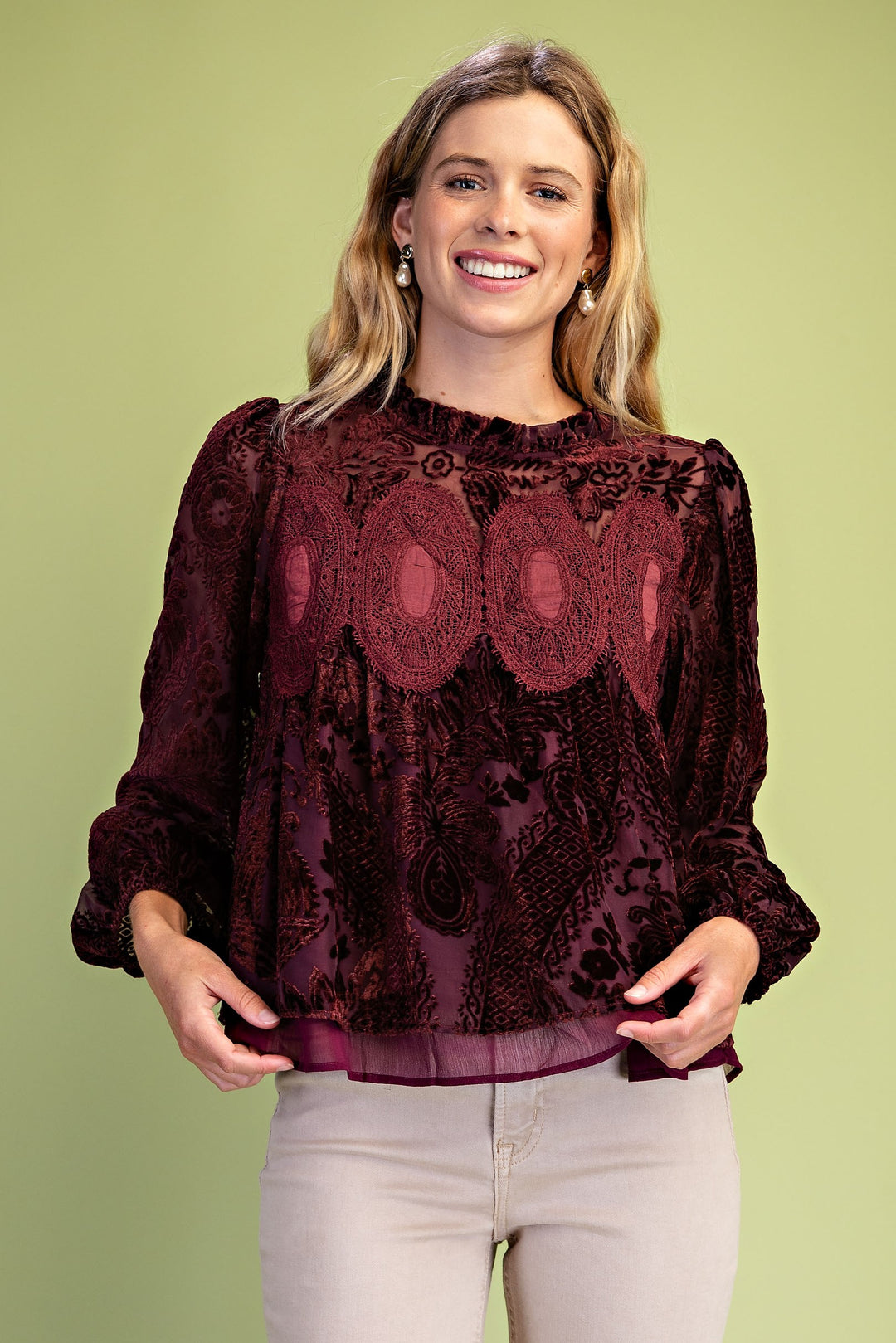 Charlene Lace Burnout Blouse - Wine