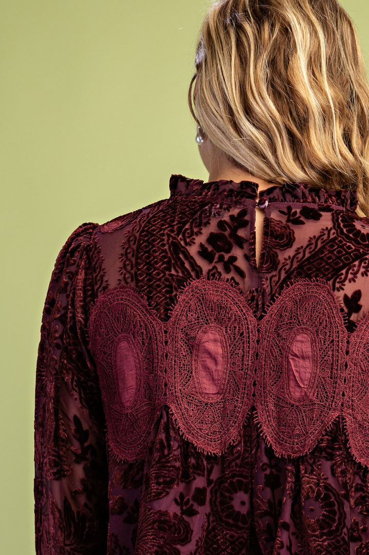 Charlene Lace Burnout Blouse - Wine