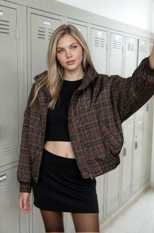 Plaid Snap  Front Puffer Jacket