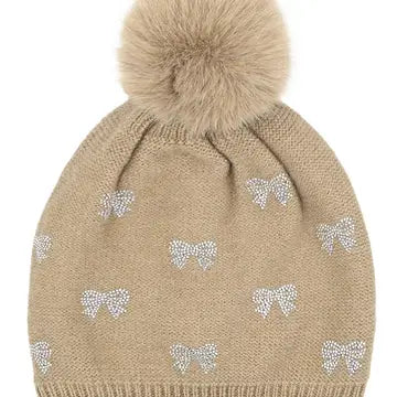 All Over Mini Rhinestone Bow Pom Beanie