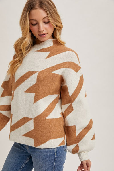 Cozy Mock Neck Houndstooth Sweater- Camel