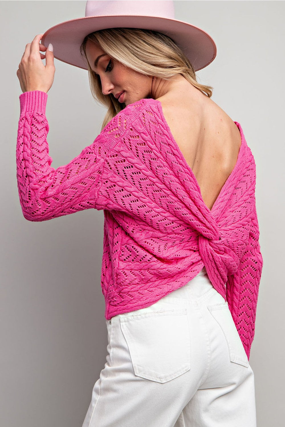 Crochet Twist Back Sweater - Hot Pink