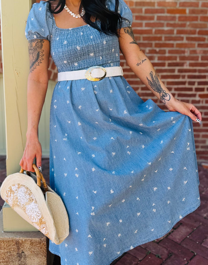 Chambray Denim Smocked Midi Dress