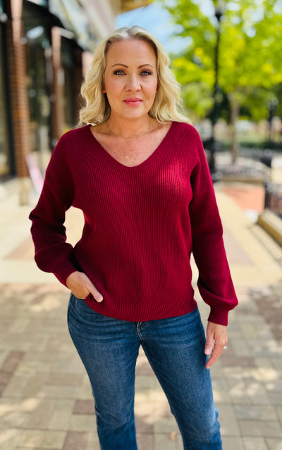 Playful Back Bow Sweater - Deep Red