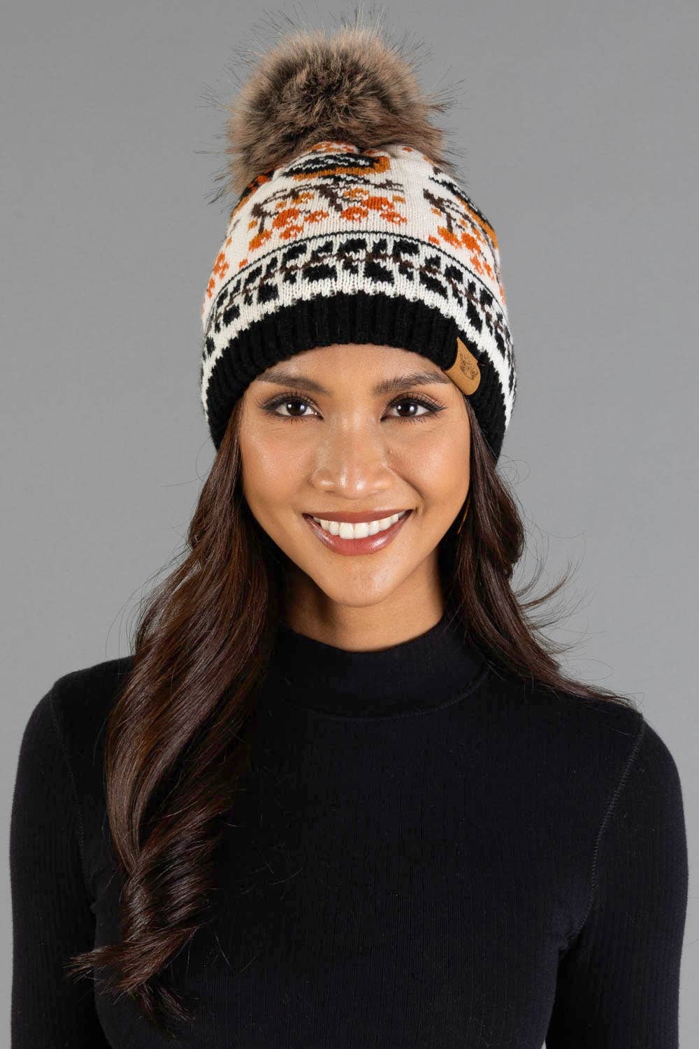 Black &amp; Cream Bird Pattern Knit Pom Hat