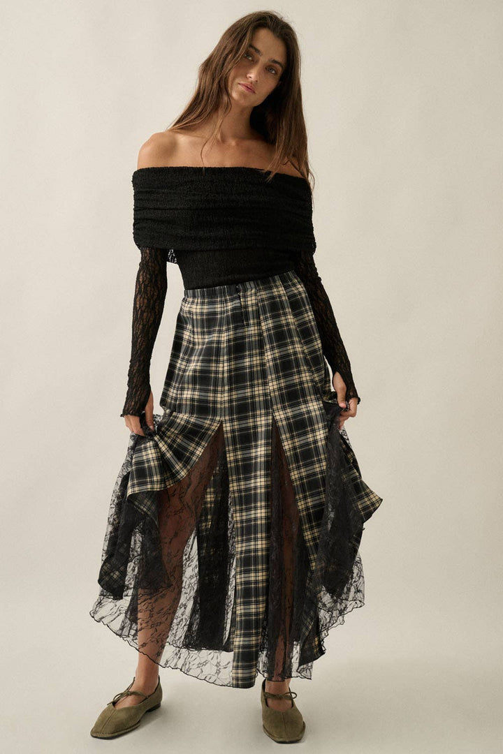 Black Lace Off-Shoulder Long-Sleeve Bodysuit