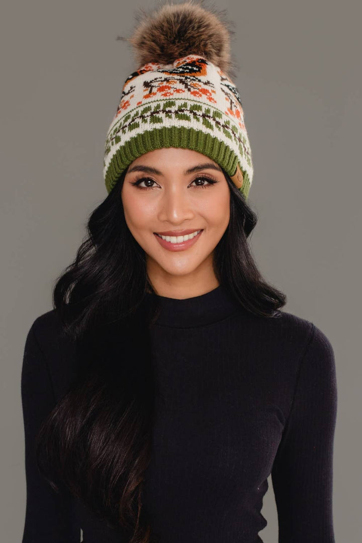 Olive &amp; Cream Bird Pattern Knit Pom Hat
