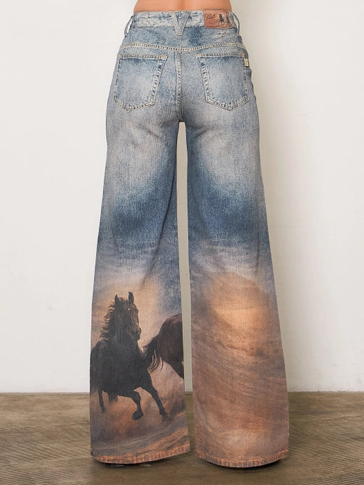 White Horse Wide Leg Digital Print Jeans