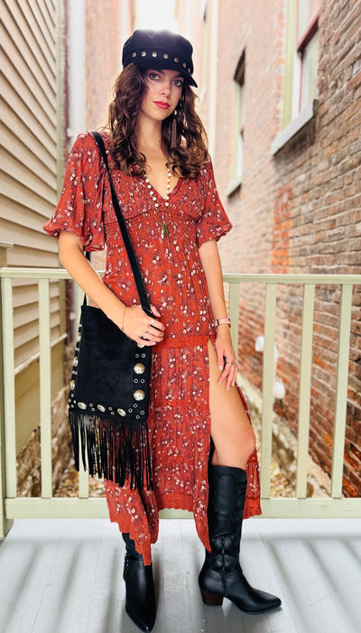 Cinnamon Patch V-Neck Dress