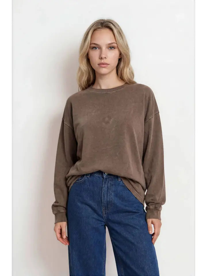 Fall Washed Crew Neck Long Sleeve Top - Brown