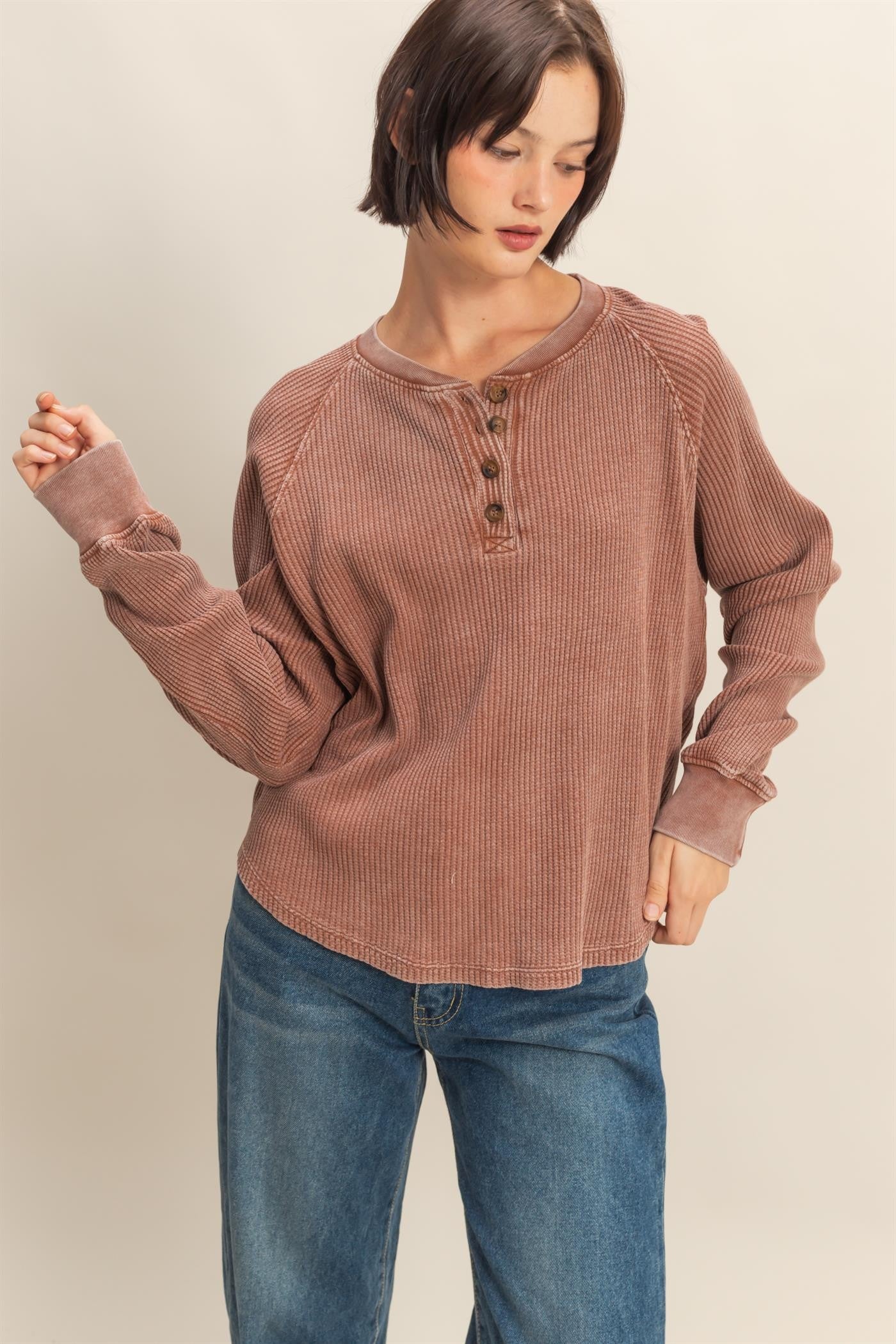 Embrace Mineral Washed Waffle Henley - chestnet