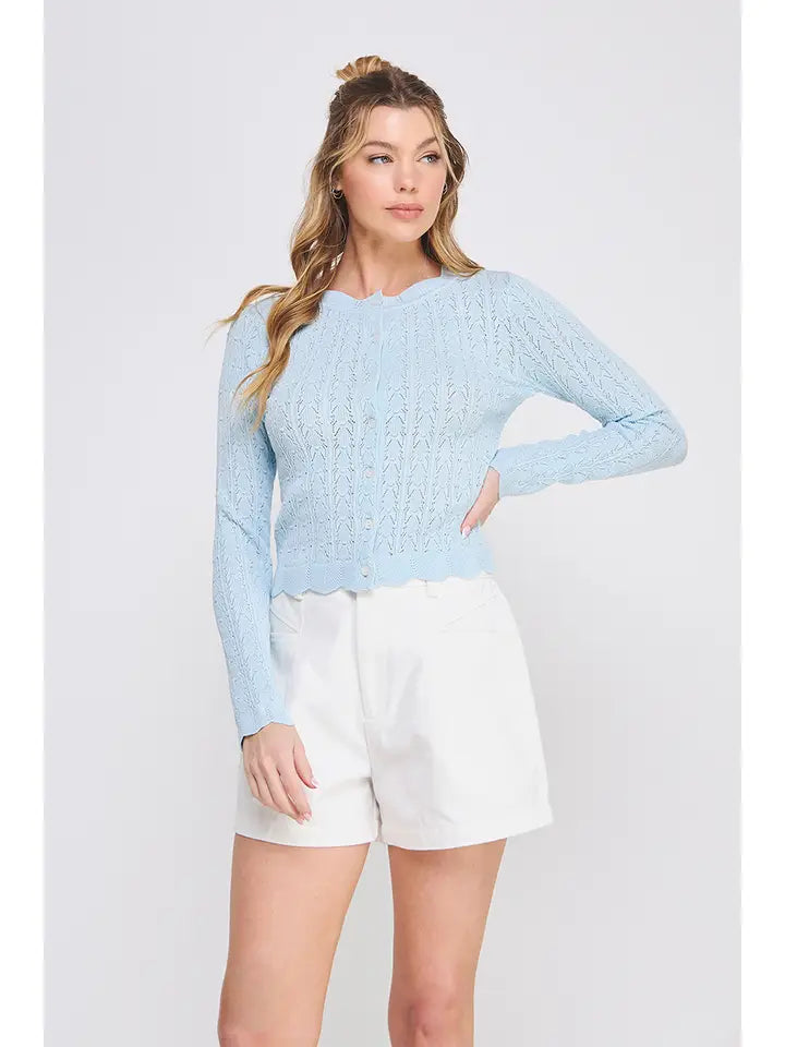 Soft Blue Pointelle Scalloped Cardigan