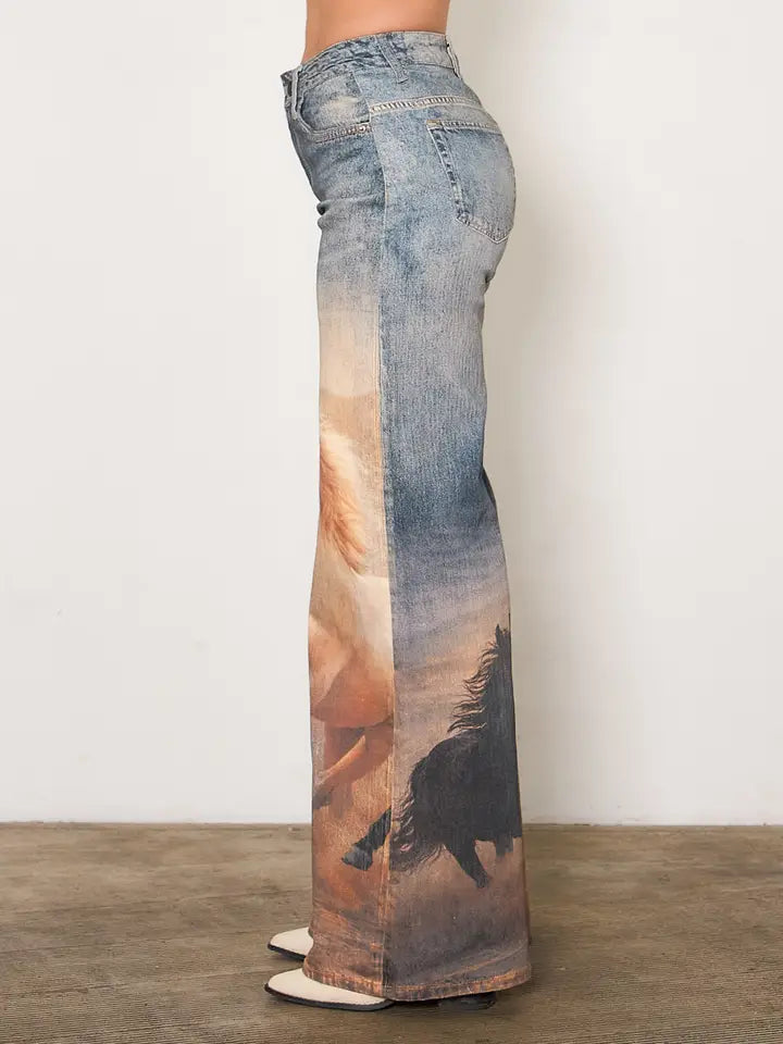 White Horse Wide Leg Digital Print Jeans