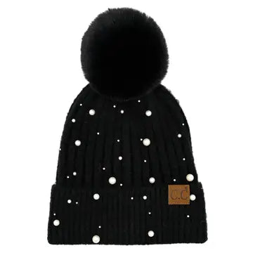 Pearl Embellishment Pom Beanie