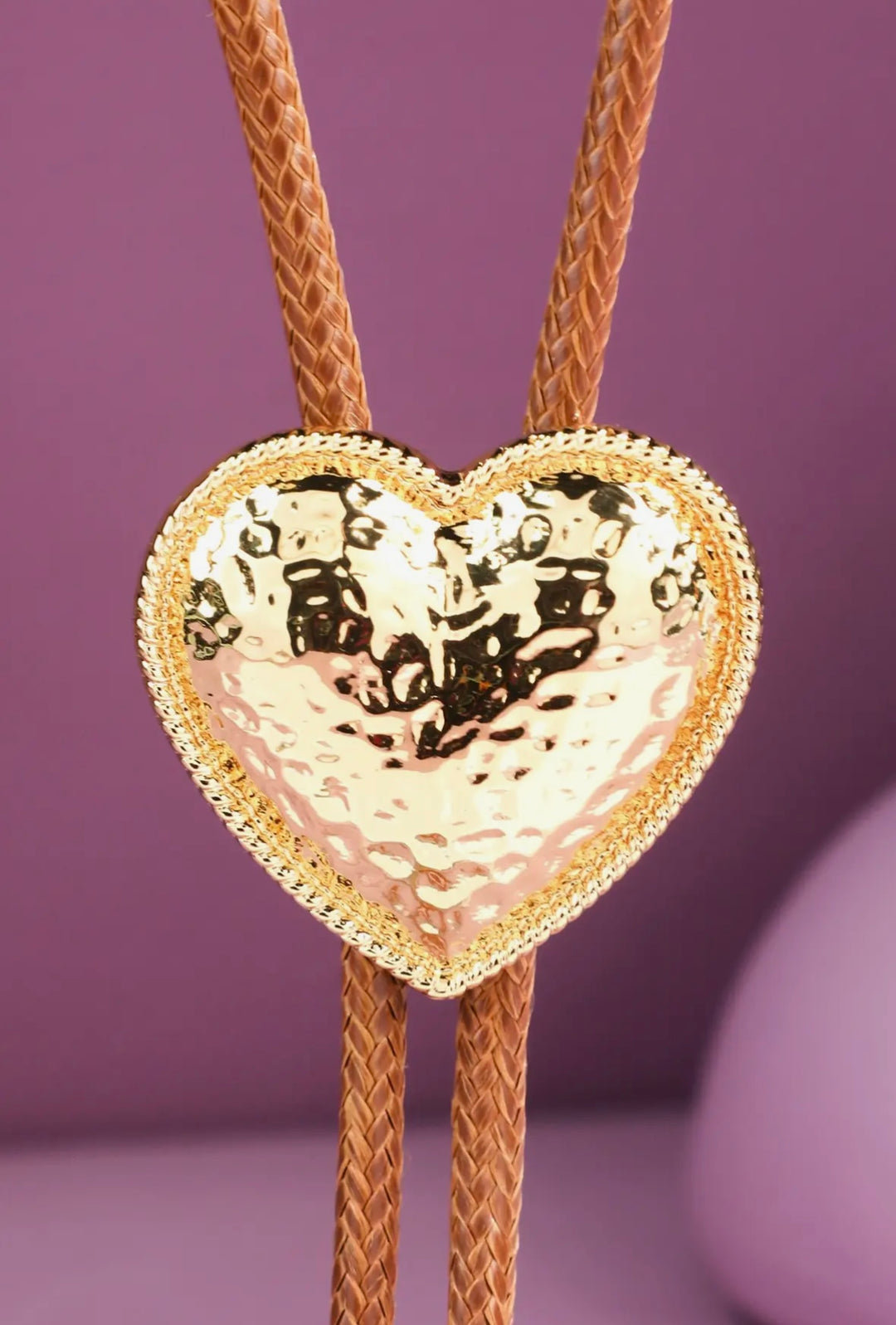 Hammered Heart Brown Cord Bolo
