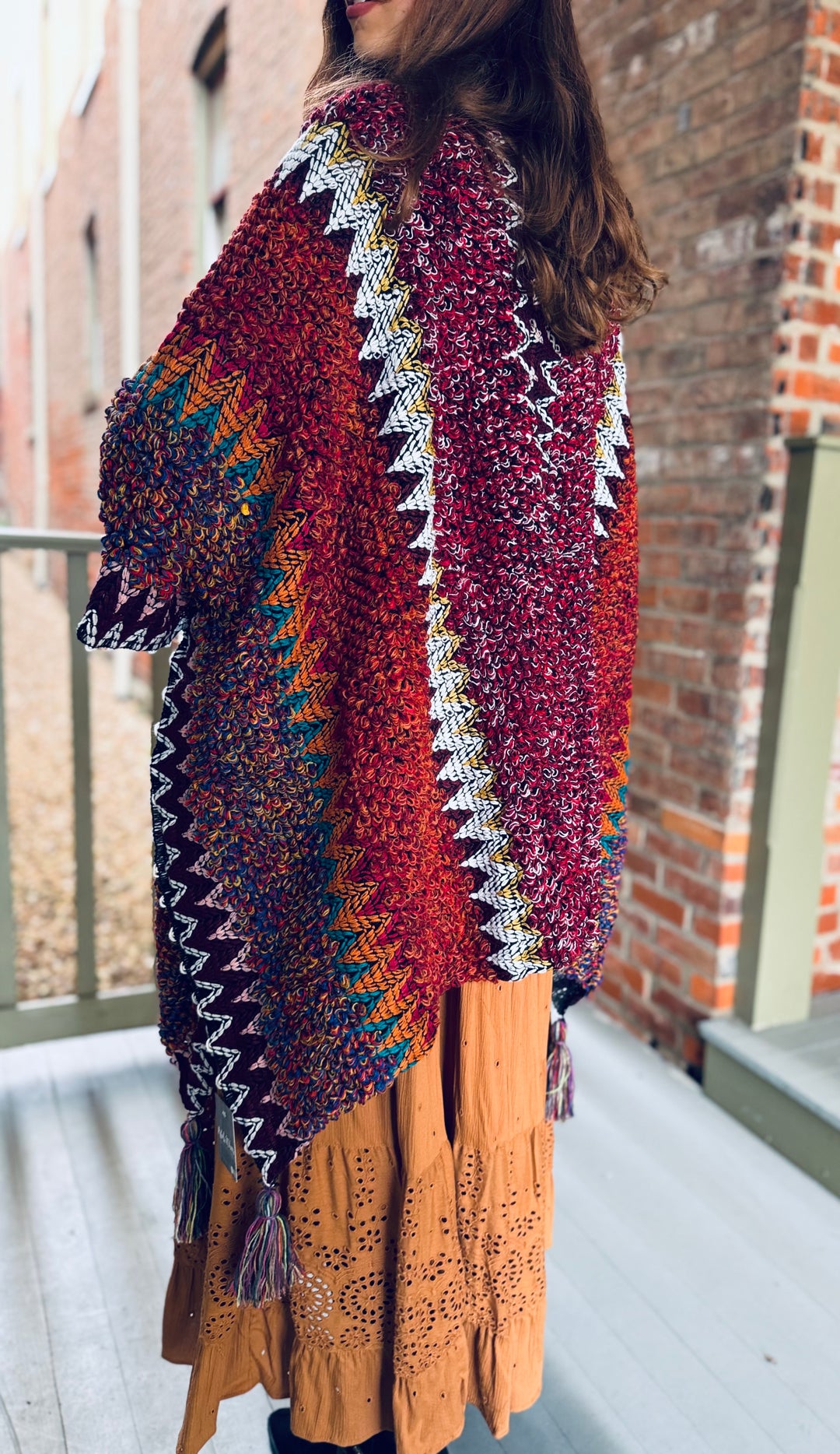 Maroon Crochet Ruana Tassel Cardigan