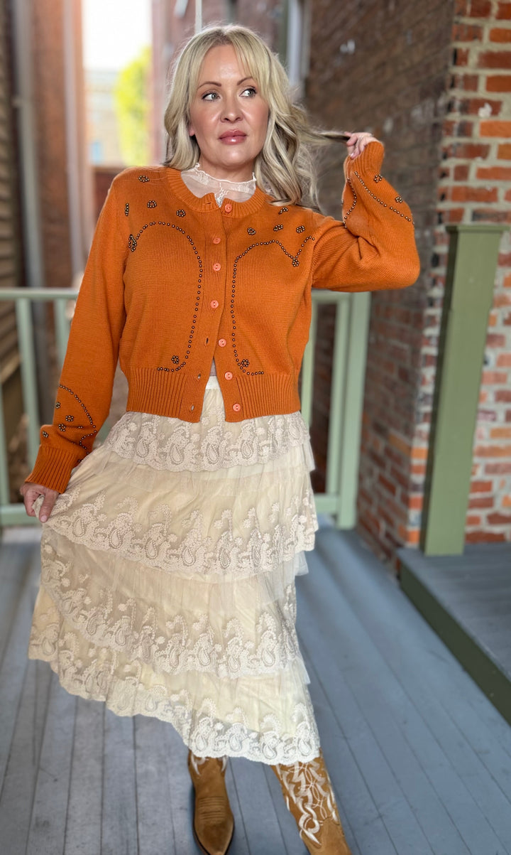 Burnt Orange Gromet Studded Cardigan
