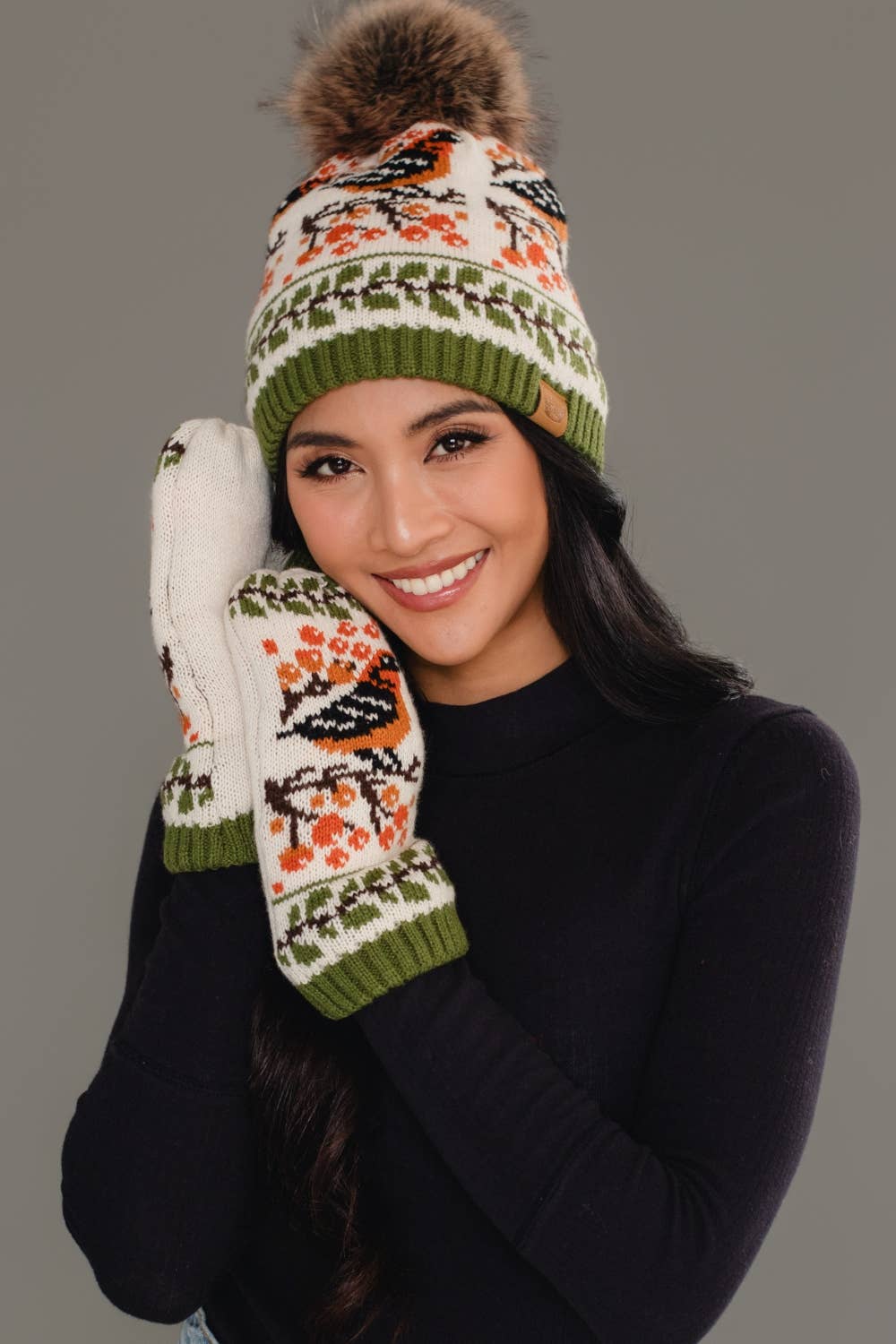 Olive &amp; Cream Bird Pattern Knit Pom Hat