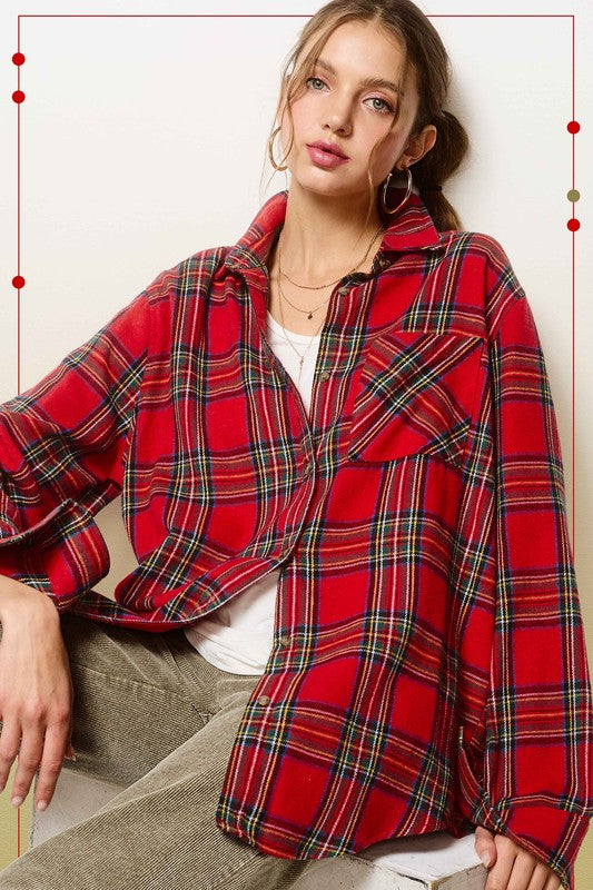 Red Ribbon Tartan Plaid Button Down Top