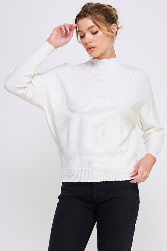 Mock Neck Diamond Pattern Sweater - Vanilla