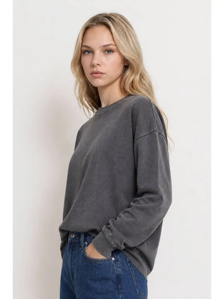 Fall Washed Crew Neck Long Sleeve Top - Charcoal