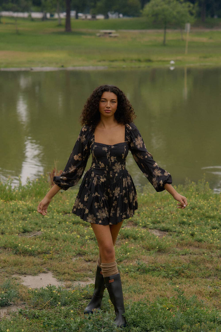 Long Night Bubble Sleeve Tiered Romper