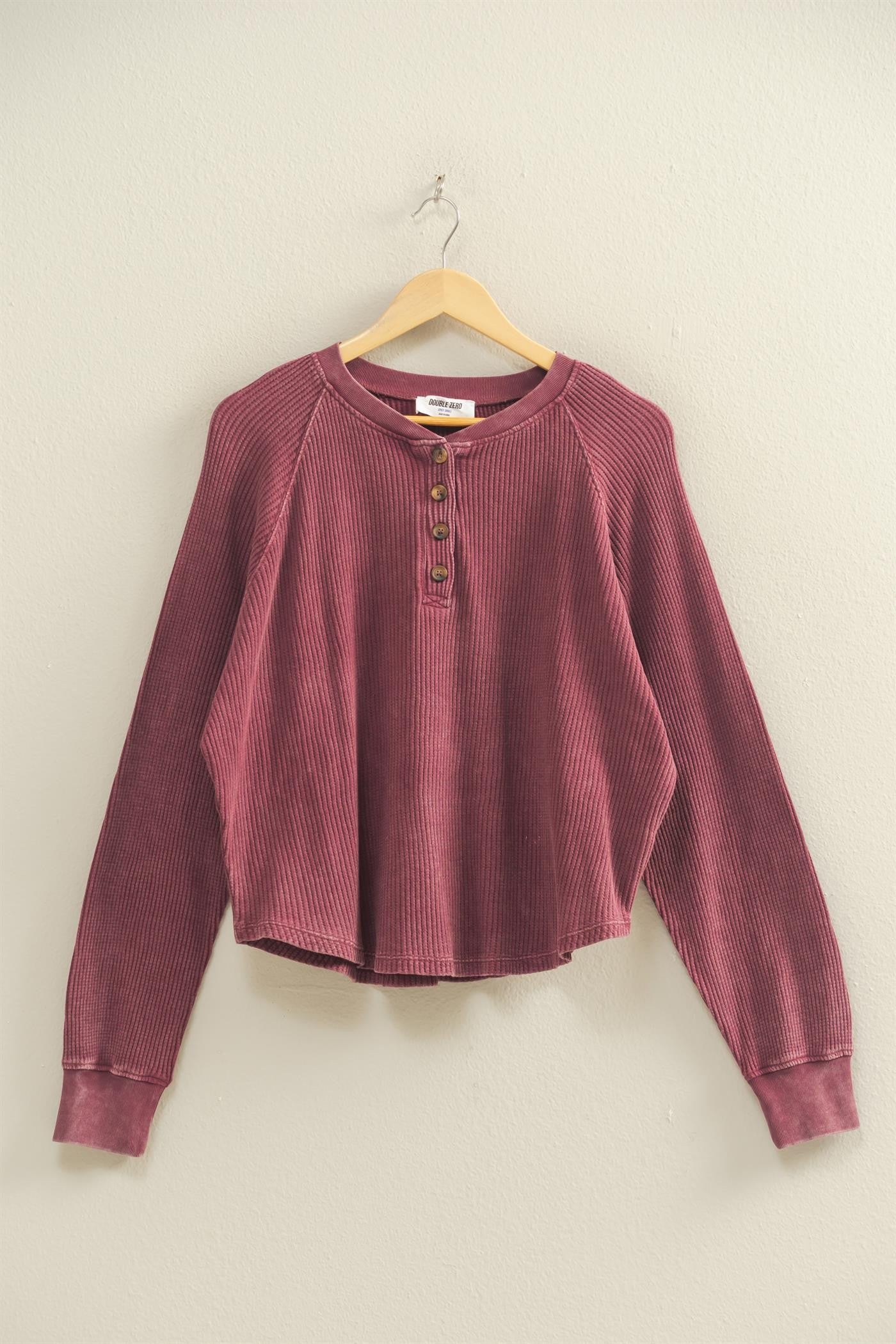 Embrace Mineral Washed Waffle Henley - Dark Cherry