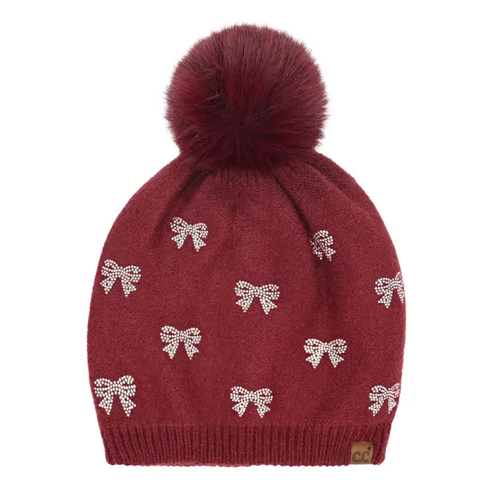 All Over Mini Rhinestone Bow Pom Beanie
