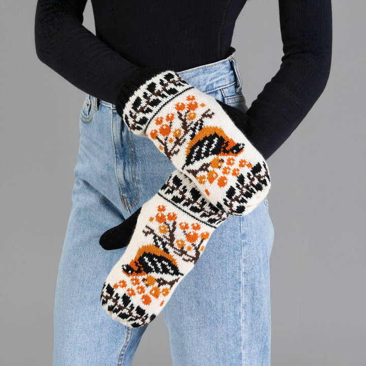 Black &amp; Cream Bird Pattern Knit Mittens