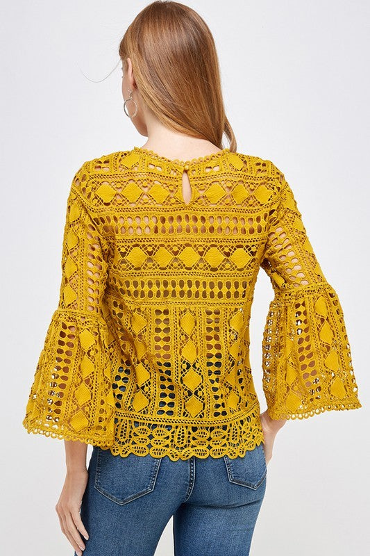 Mustard Lace Bell Sleeve Top