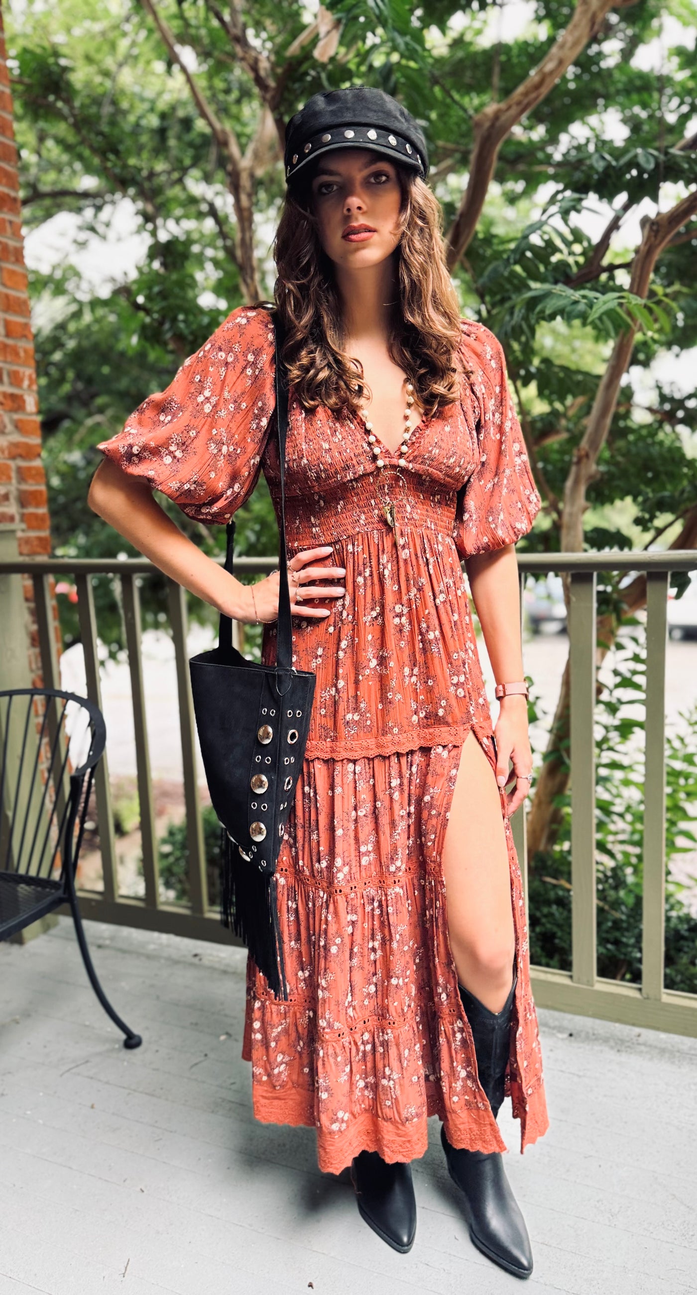 Cinnamon Patch V-Neck Dress