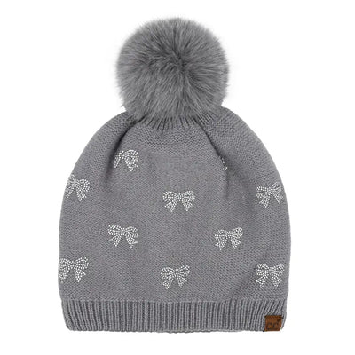 All Over Mini Rhinestone Bow Pom Beanie