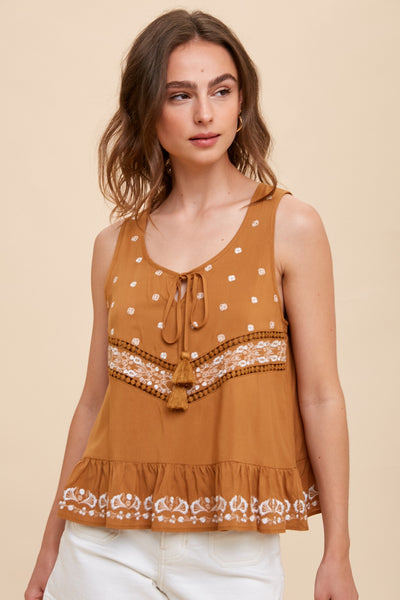 Earthen Embroidered Tie Up Tank