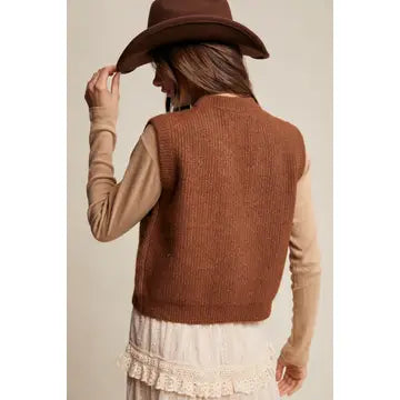 Mocha Soft Knit Button Up Vest