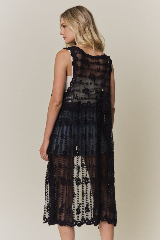 Wildflower Longline Lace Vest- Black