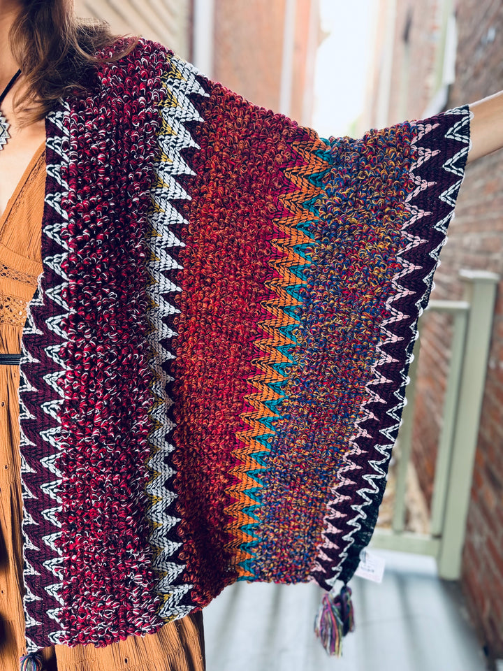 Maroon Crochet Ruana Tassel Cardigan