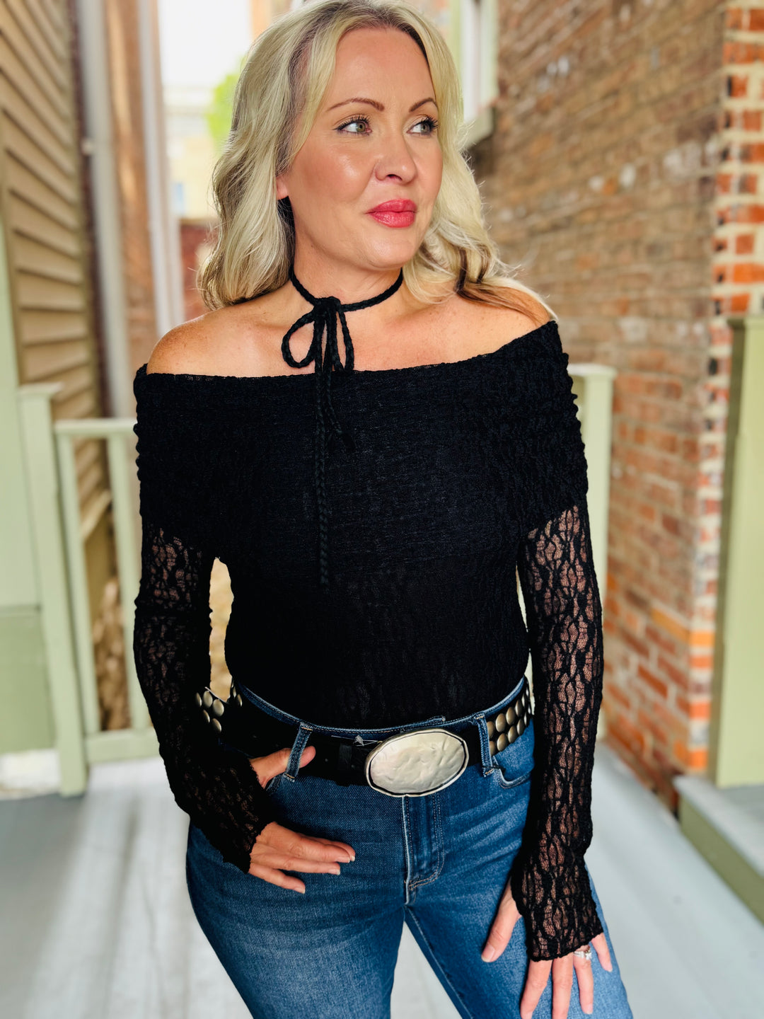 Black Lace Off-Shoulder Long-Sleeve Bodysuit