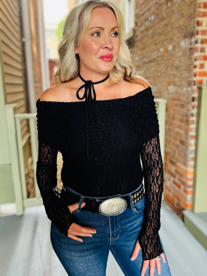 Black Lace Off-Shoulder Long-Sleeve Bodysuit