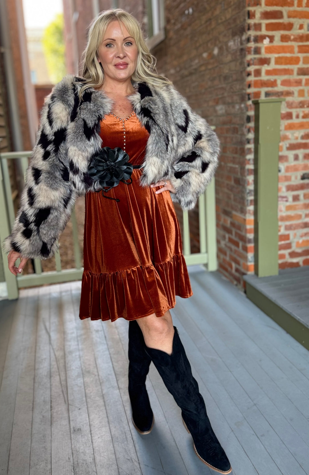 Rust Velvet Vintage Ruffle Hem Studded Dress