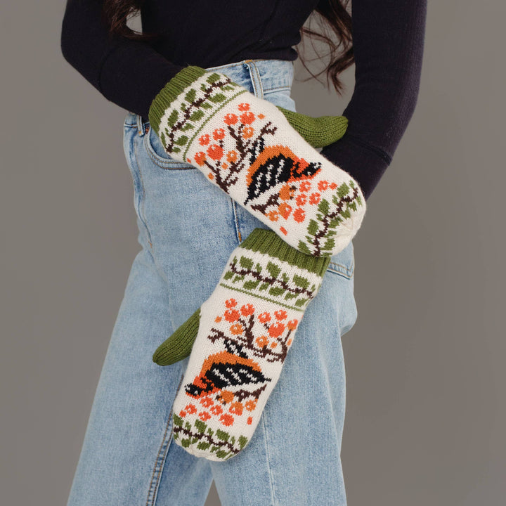 Olive &amp; Cream Bird Pattern Knit Mittens