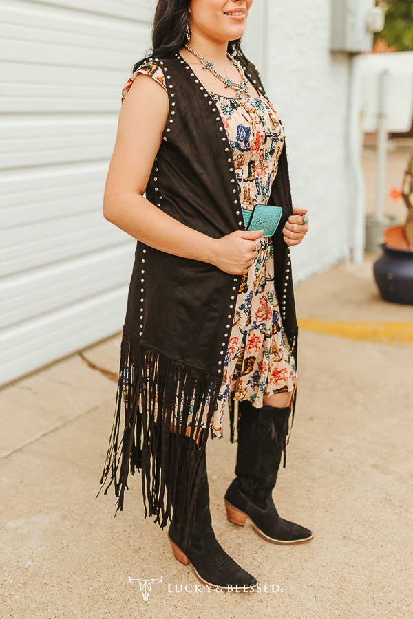 Black Suede Vintage Studded Fringe Vest