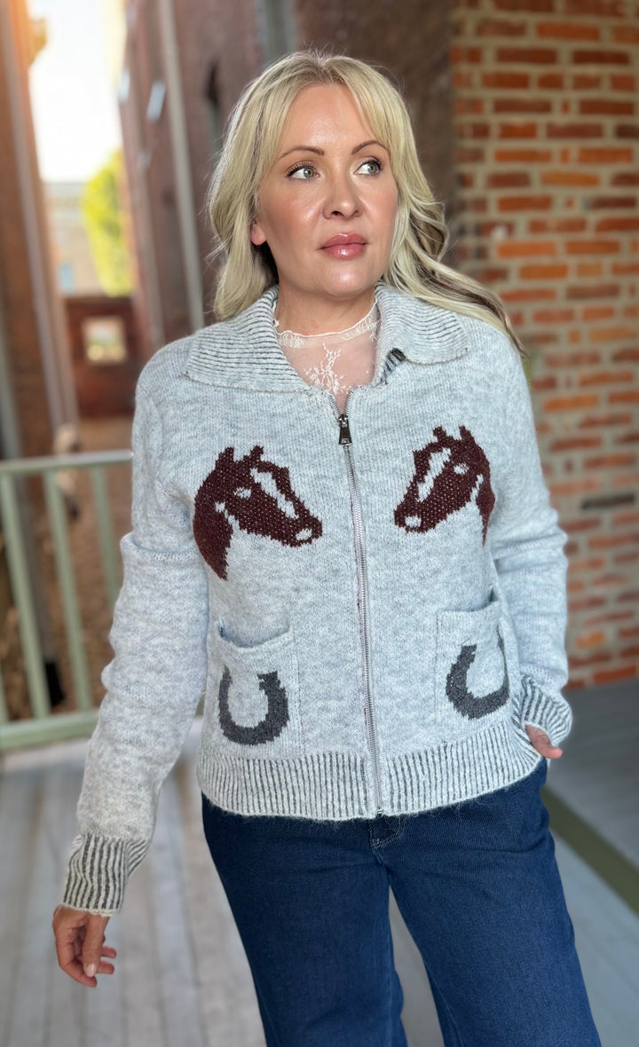 Western Horse Jacquard Zip Up Cardigan