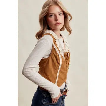 Western Lace Trim Camel Vest