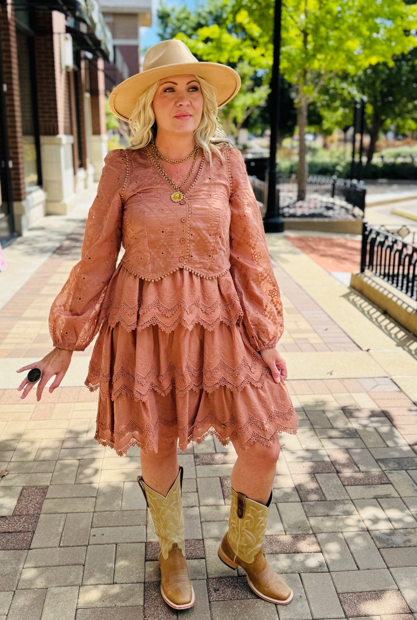 Tiered Scallop Embroidered Mini Dress-Terracotta