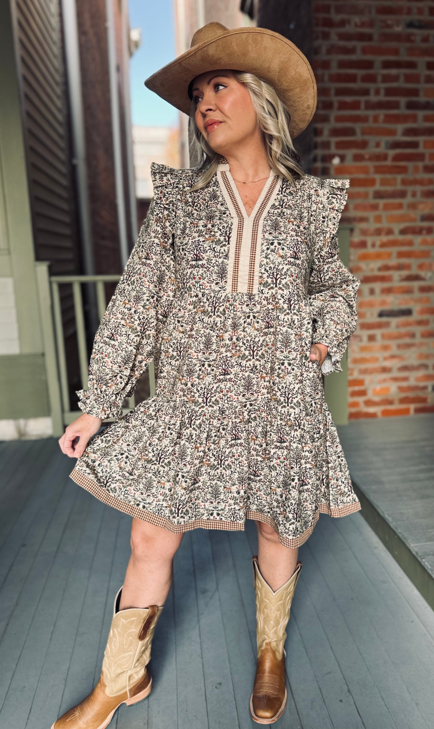 Whimsical Forest Vintage Print Tiered Dress